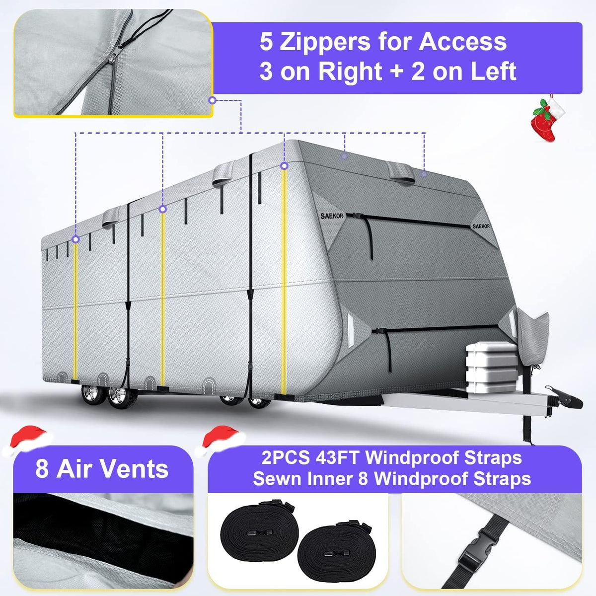 250 GSM 5 Layers Travel Trailer RV Cover for 24.1'-26' RV with 4 Tire Covers G682046