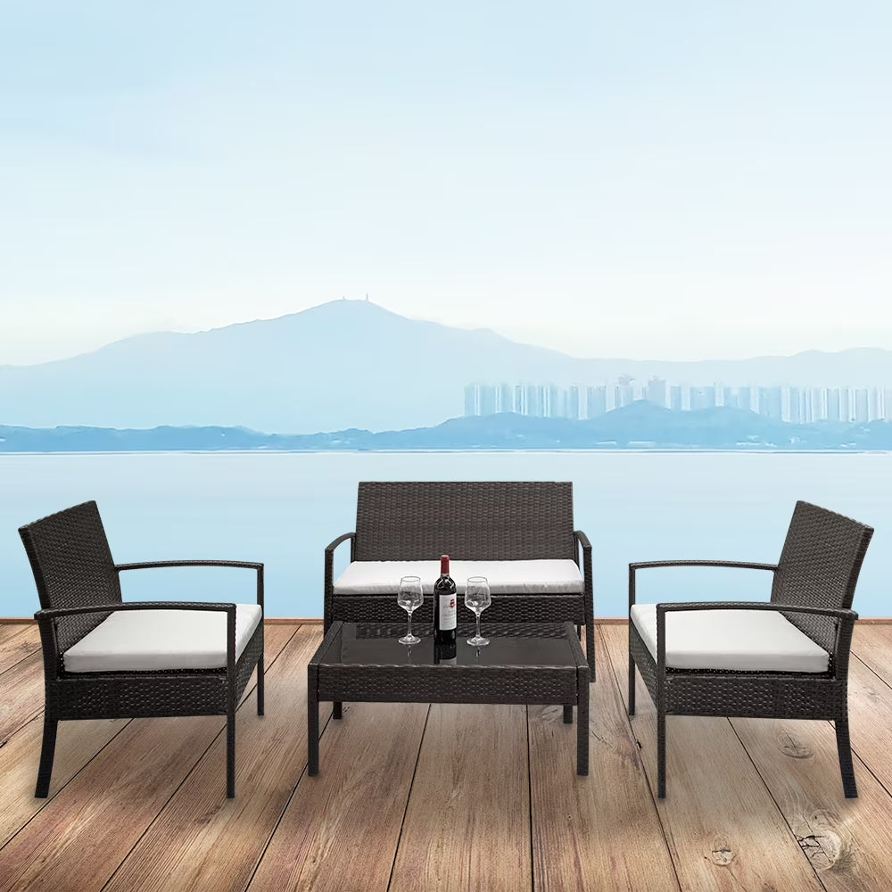 4-Piece Wicker Rattan Sectional Sofa Couch with Glass Coffee Table J567481