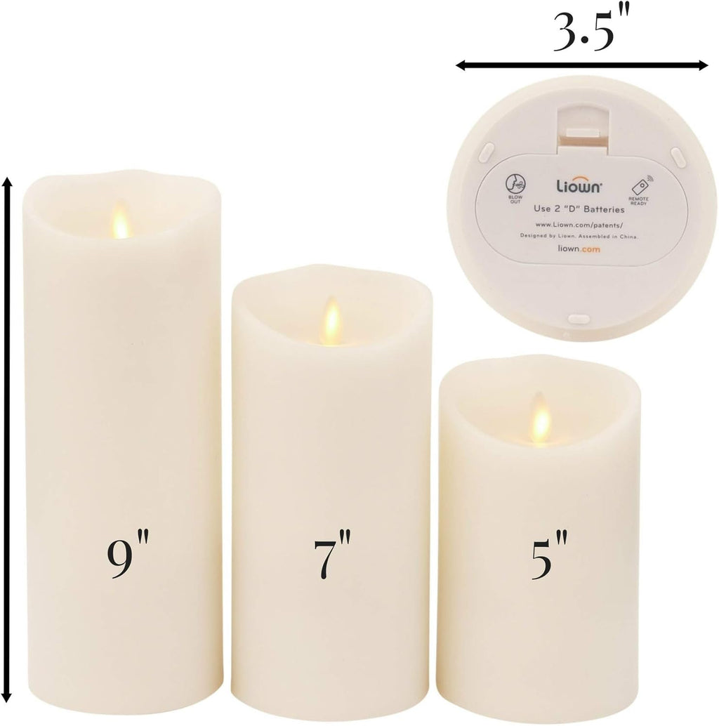 Ivory Pillar Candles with Remote, Set of 3, Flameless Battery Operated Flickering Light Source with Timer L143101