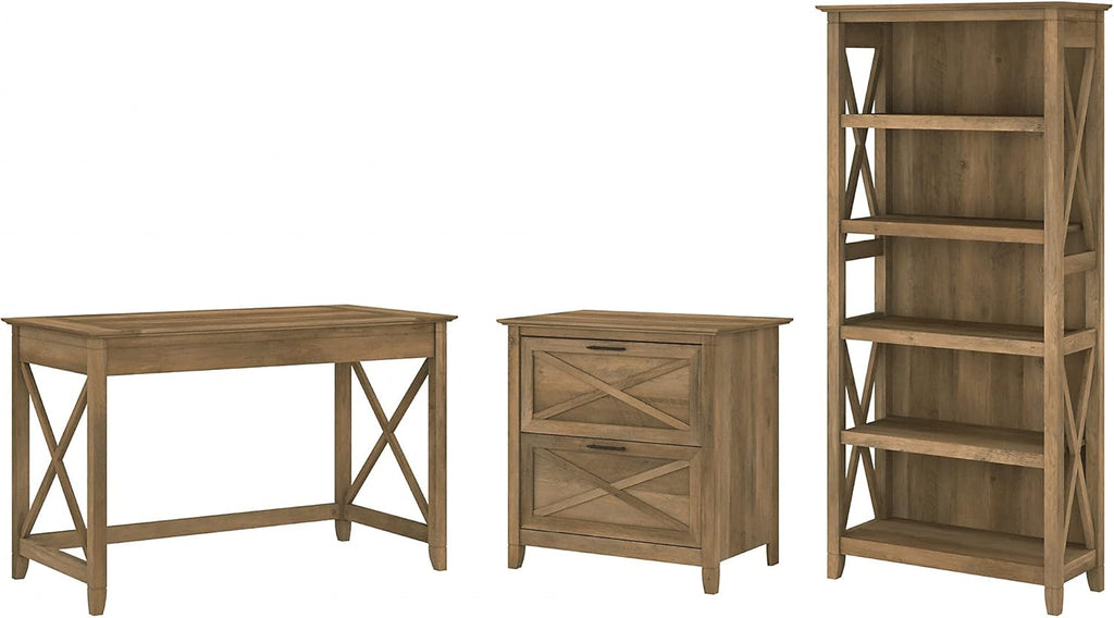 Key West Writing Desk with 2 Drawer Lateral File Cabinet and 5 Shelf Bookcase, 48W, Reclaimed Pine G8362