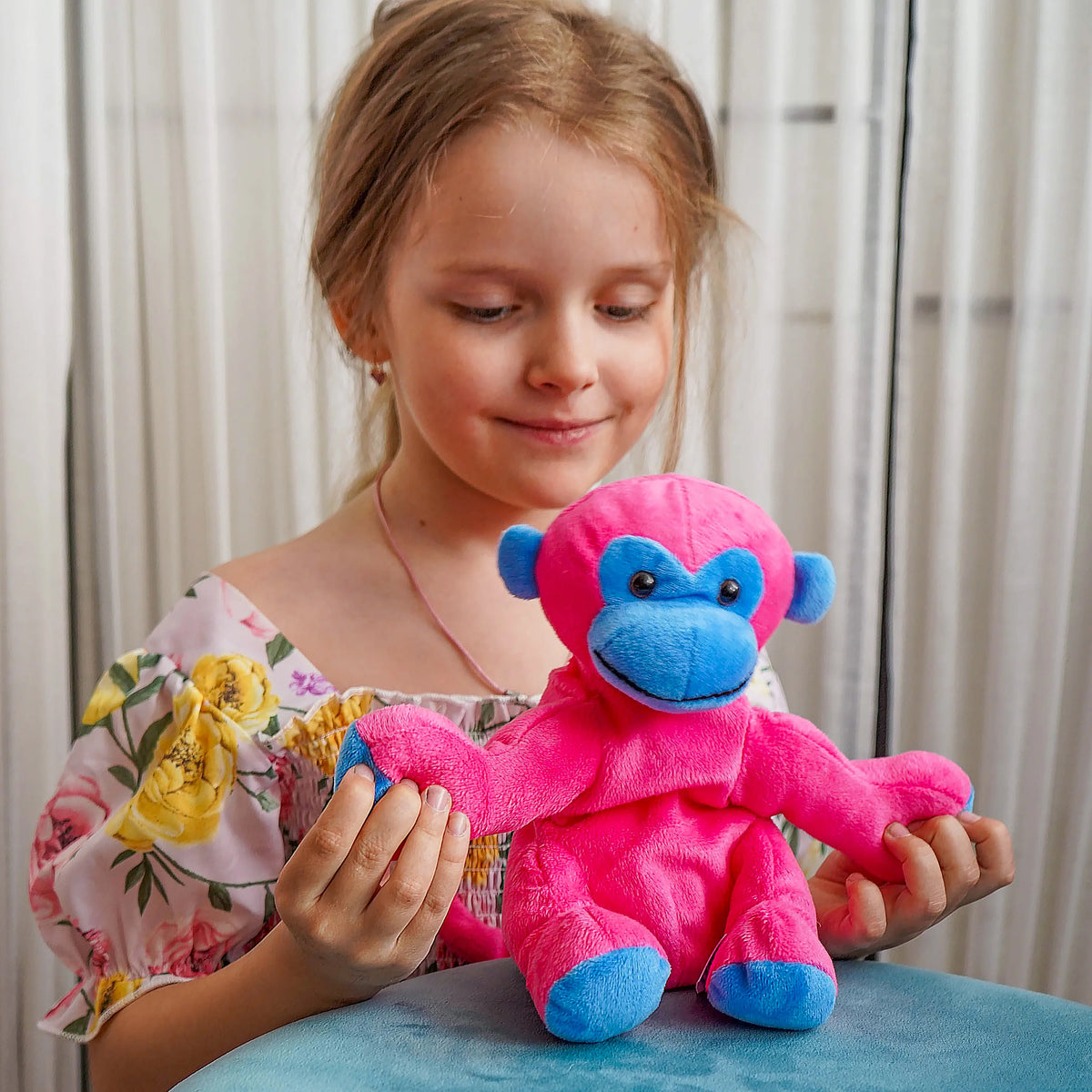 Pink and Blue Ape Monkey Stuffed Animal Plush Toy, 7.9 inches I34014