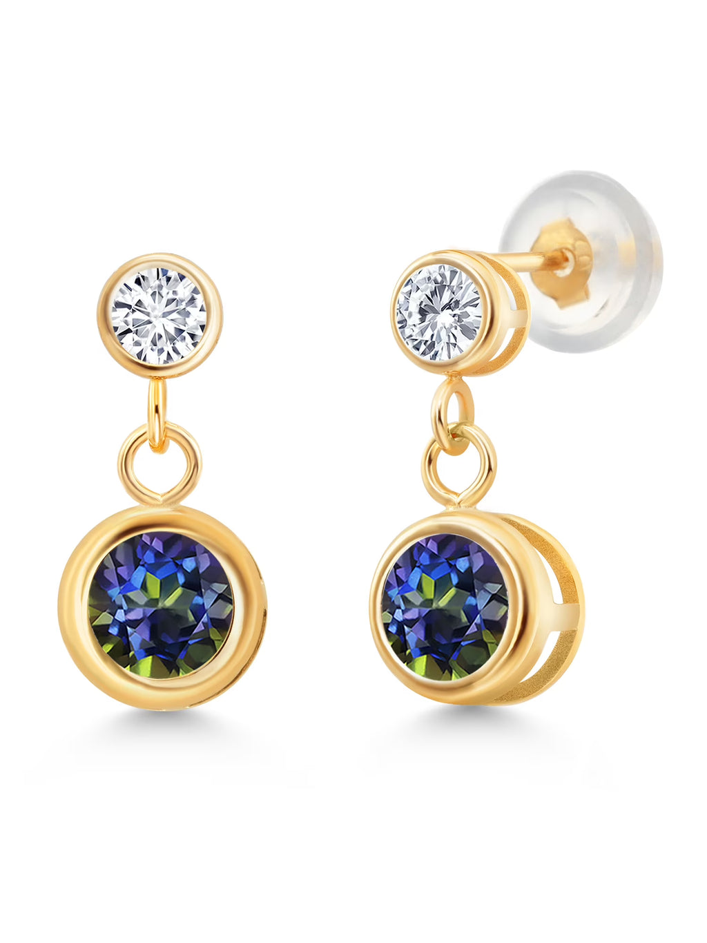 14K Yellow Gold Blue Mystic Topaz and White Diamond Two Stone Bezel Dangle Earrings S608