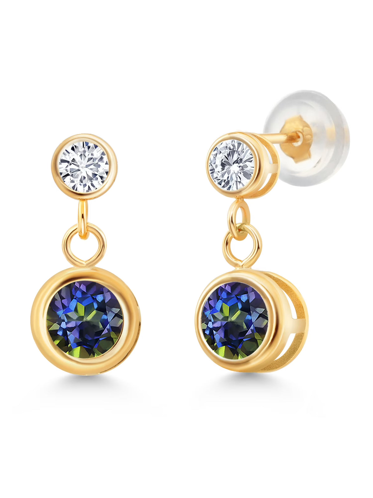 14K Yellow Gold Blue Mystic Topaz and White Diamond Two Stone Bezel Dangle Earrings S608