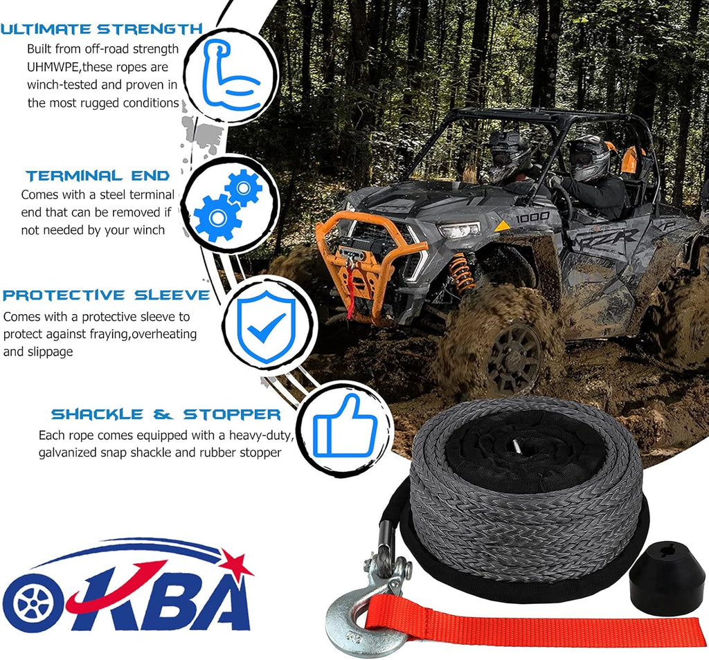 Synthetic Winch Rope Kit 1/4 x 50' 8200 Ibs with Snap Hook and Rubber Stopper R390