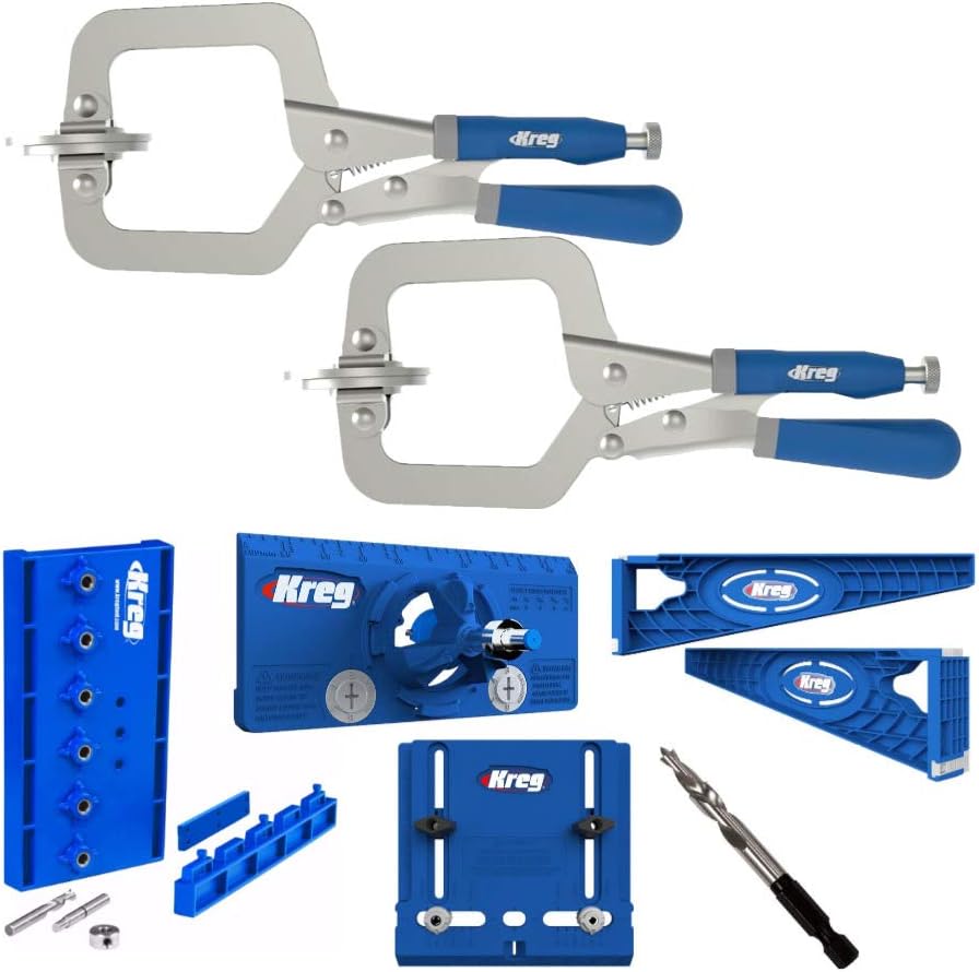 Drawer Slide Jig with Concealed Hinge Jig, Shelf Pin Jig, 5mm Drill Bit and 2 3 Face Clamps K15928
