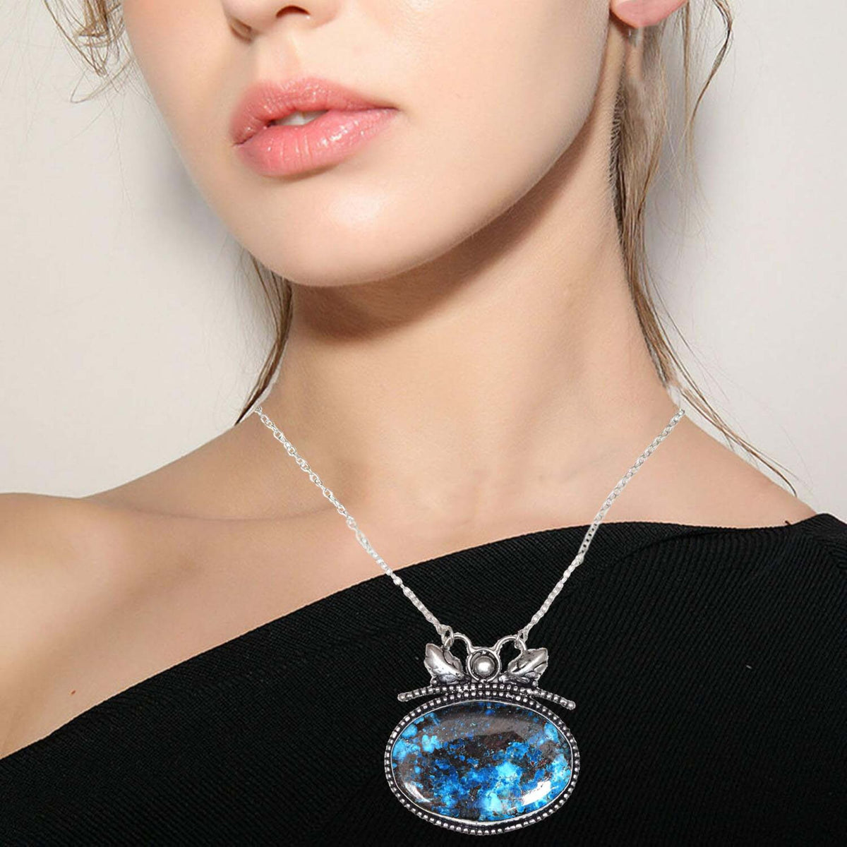 Azurite Silver Sterling Gemstone Beads 20" Chrysocolla Round Necklace K67294