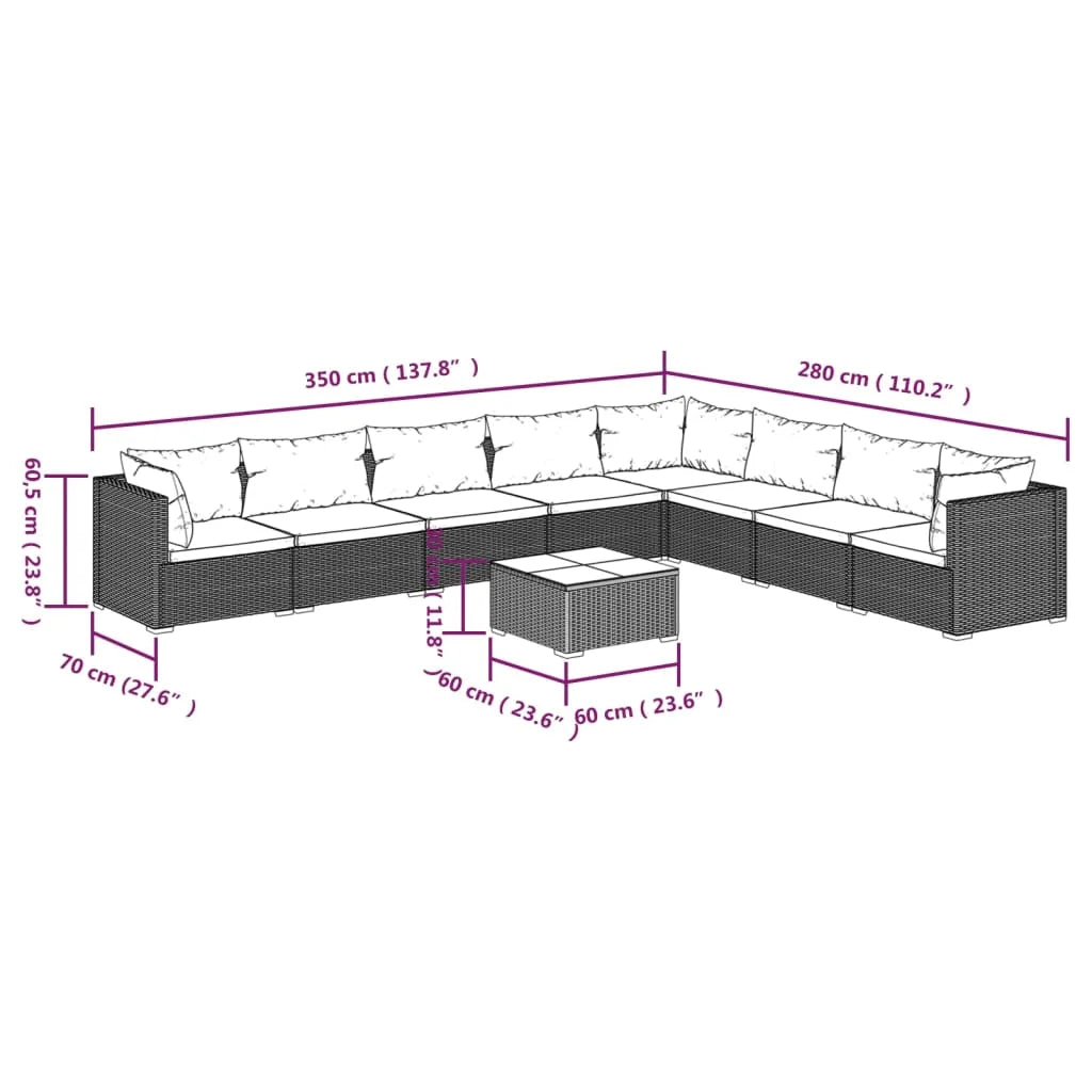 9 Piece Patio Set with Cushions Poly Rattan Black S488