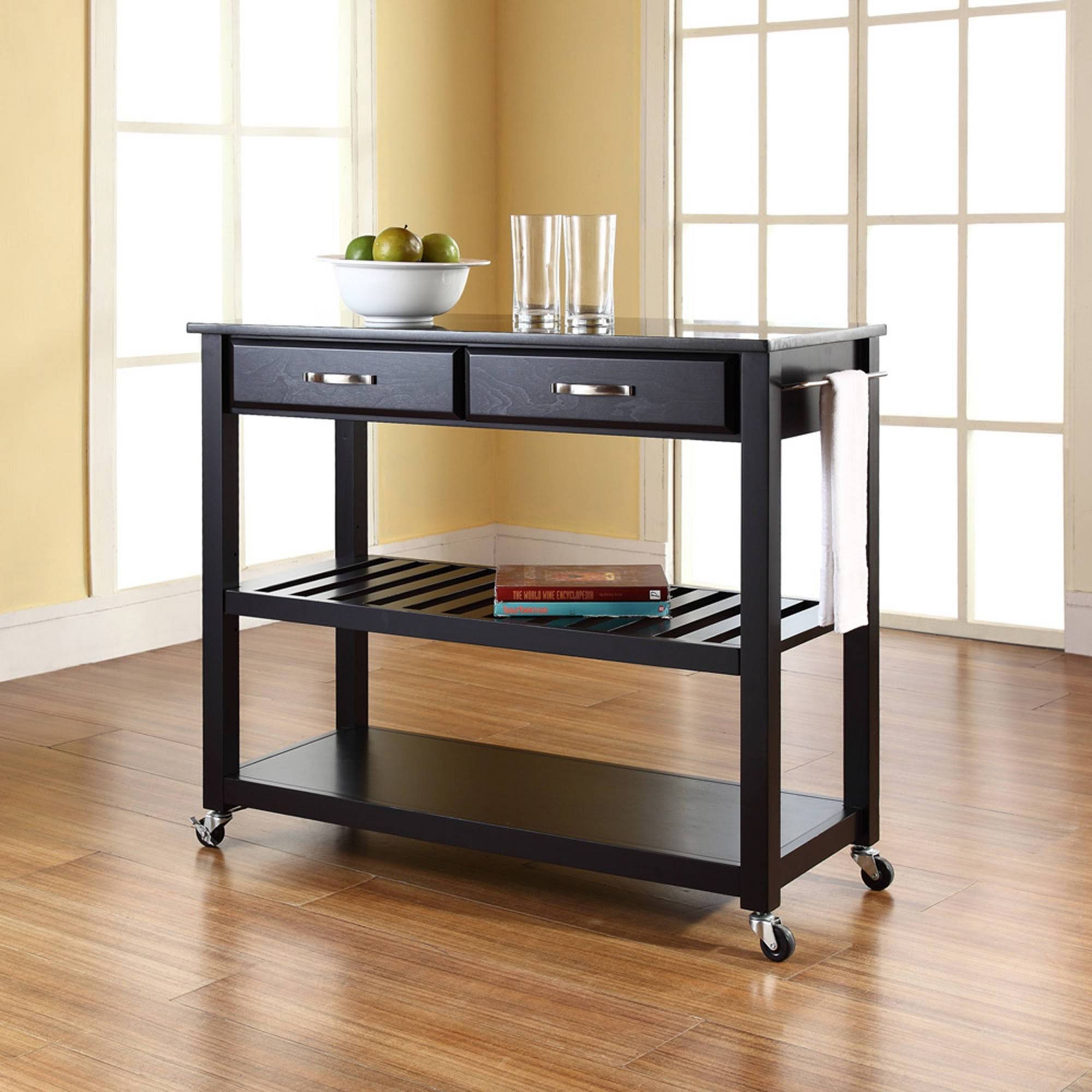 Black Granite Top Kitchen Cart Island with Stool Storage B241449