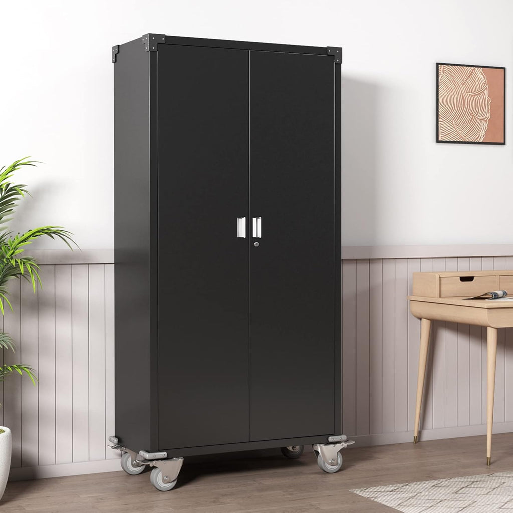 Metal Rolling Storage Cabinet with Wheels, 72'' Utility Storage Files Cabinet with Height Adjustable Shelves, Steel Tall Cabinet V63773