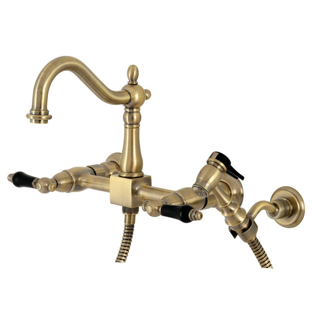 Antique Brass Wall-Mount Kitchen Faucet with Side Sprayer O147636