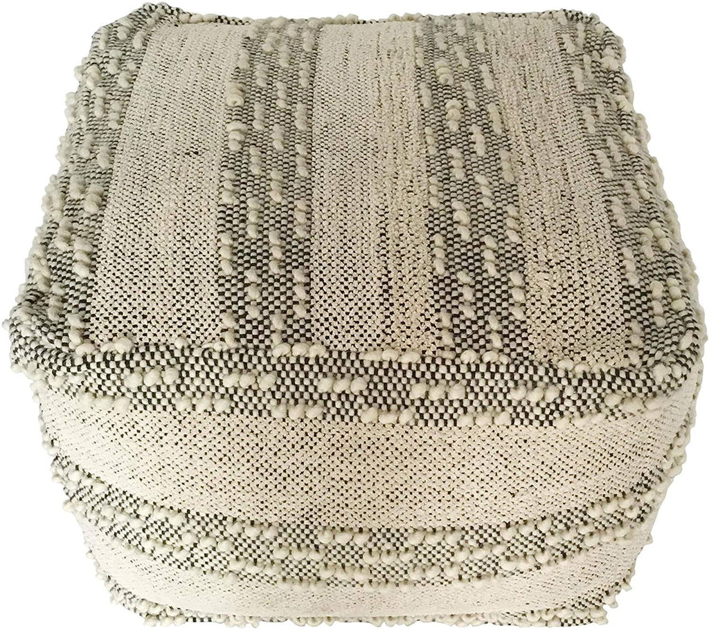 Grey Off/White Woven Striped Cotton Wool Square Pouf X600029