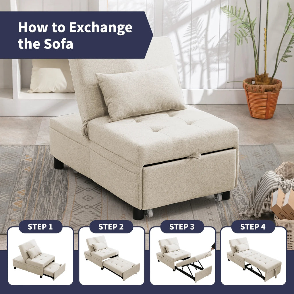 Beige Linen Pull-out Sofa Bed with Steel Frame J7750