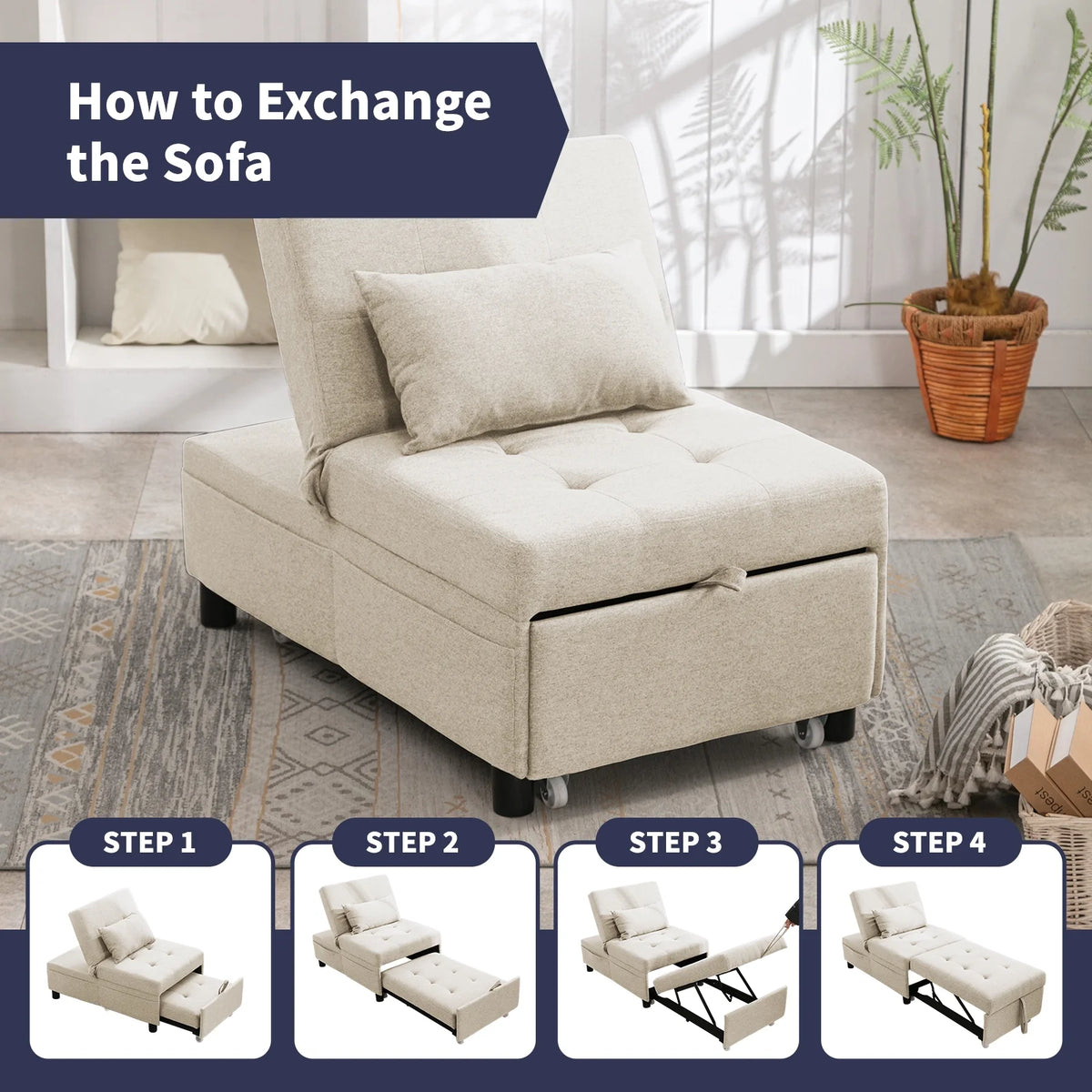 Beige Linen Pull-out Sofa Bed with Steel Frame J7750