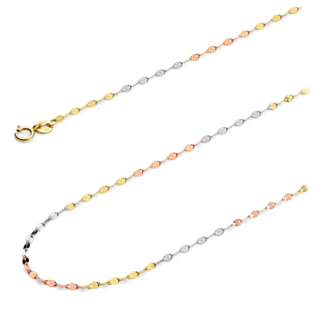 14k Tri 3 Color Gold Polished Solid 1.7mm Twisted Mirror Chain Necklace with Spring Ring Clasp - 20" S1202