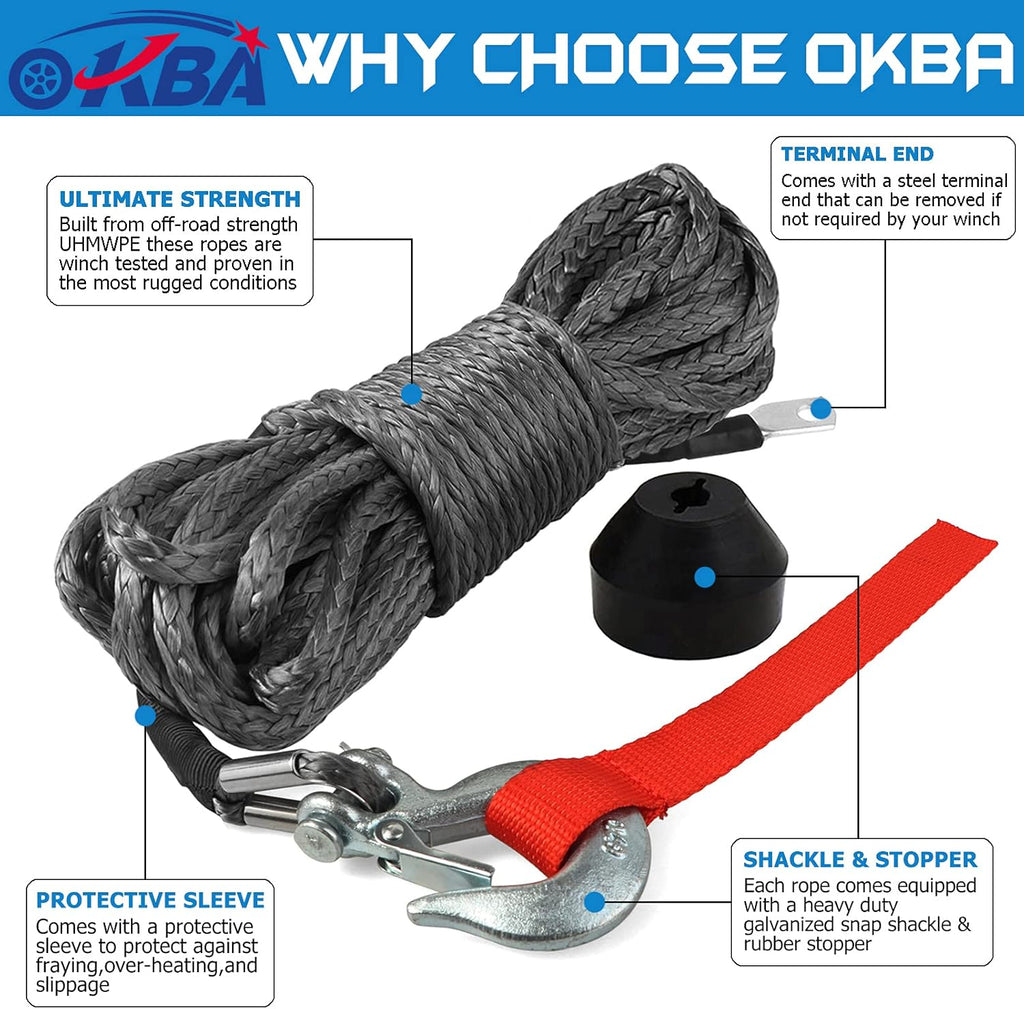 Synthetic Winch Rope Kit 1/4 x 50' 8200 Ibs with Snap Hook and Rubber Stopper R390