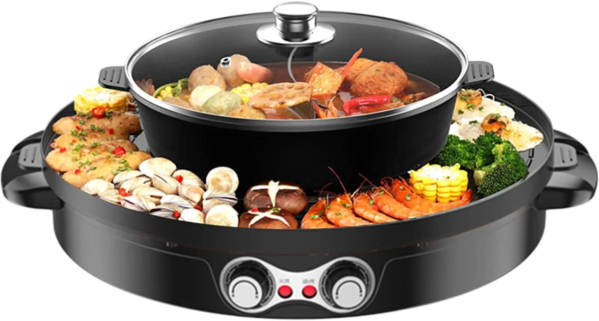 2 in 1 Electric BBQ Grill Hot Pot Double Separation Grill Pan Ceramic Coating Smokeless F898087