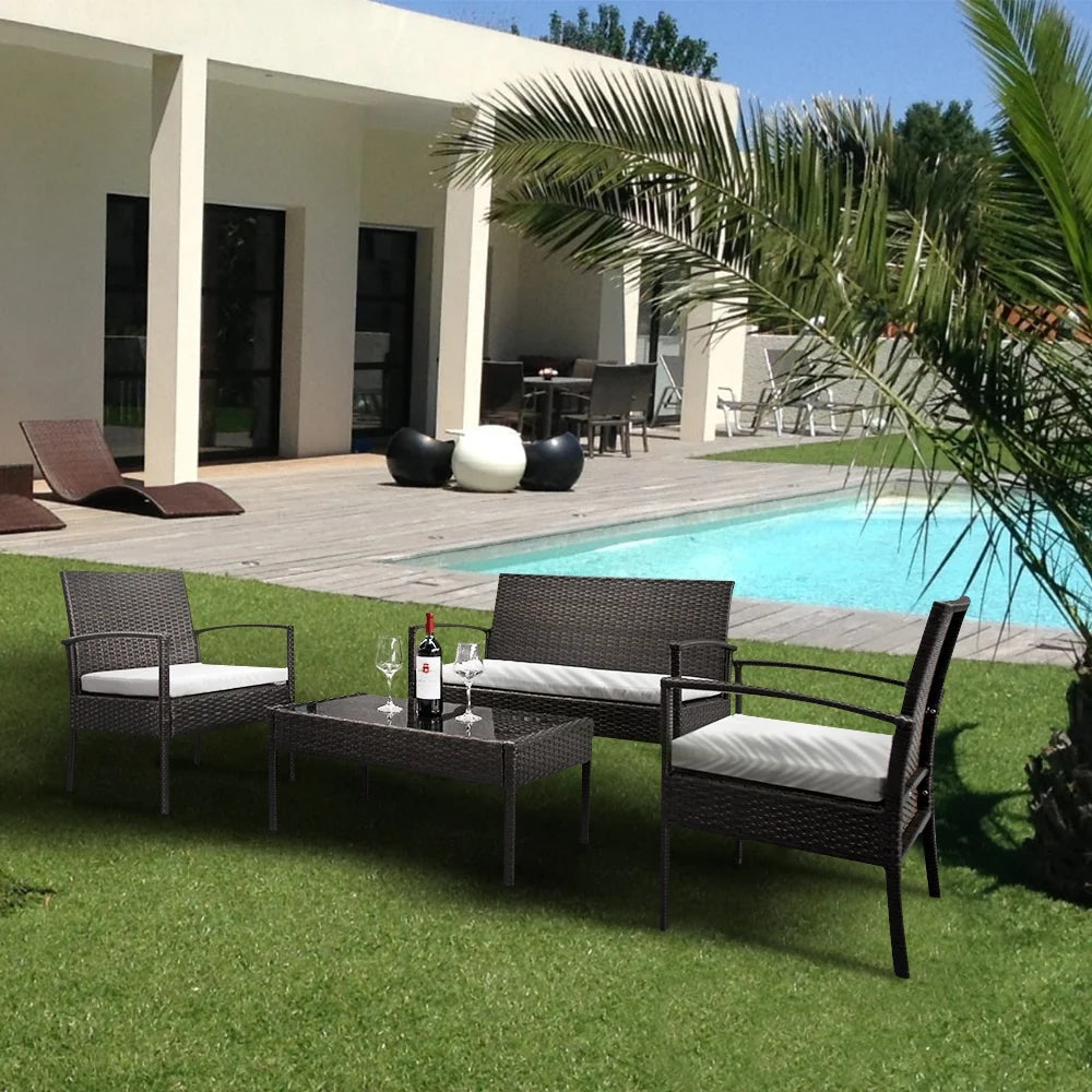 4-Piece Wicker Rattan Sectional Sofa Couch with Glass Coffee Table J567481