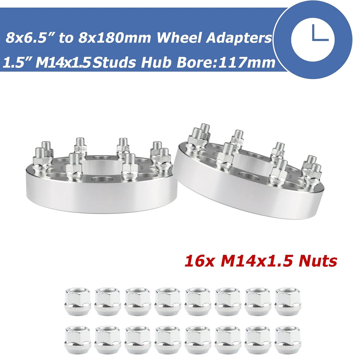 2pcs 8x6.5 to 8x180 Wheel Adapters, 1.5 Inch, Chrome K8275