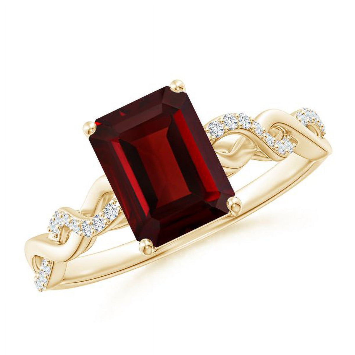 Red Garnet & Natural Diamond Emerald Cut Solitaire Ring 14K Yellow Gold O281