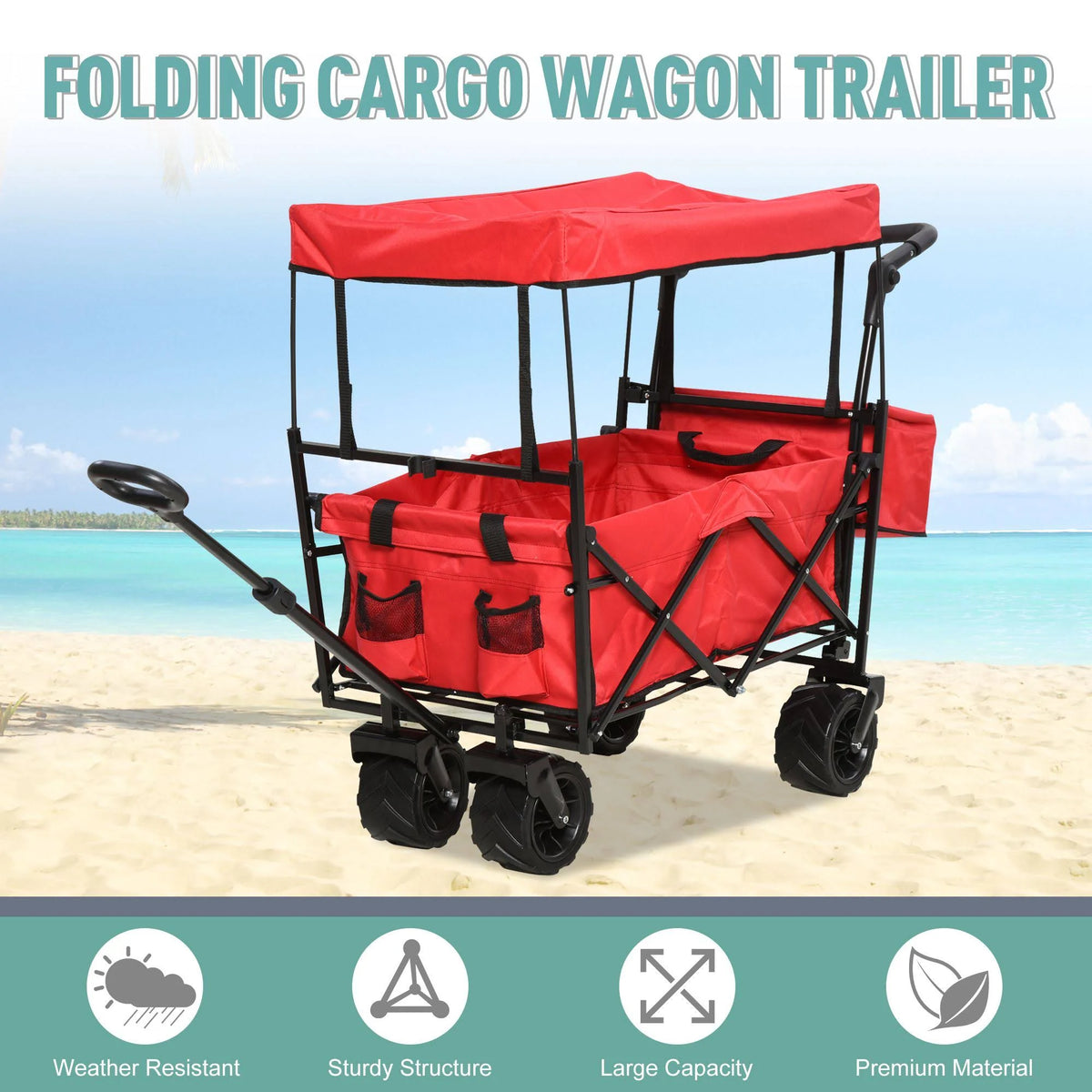 Red Collapsible Utility Beach Wagon Cart with Canopy J495