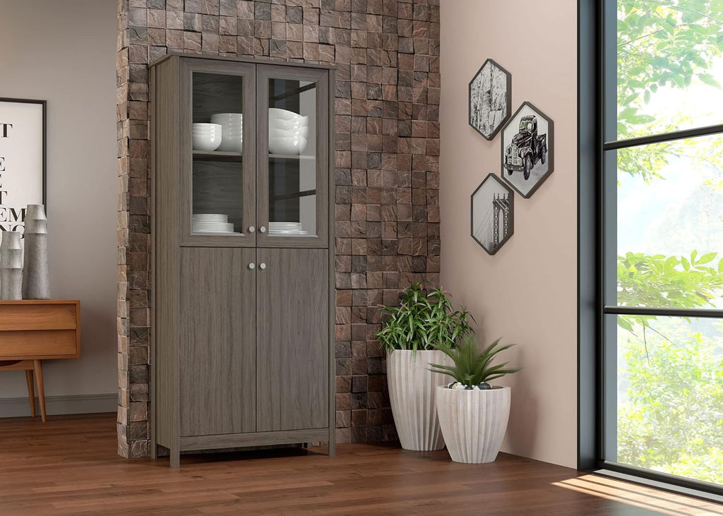 4-Door Bookcase in Grey with Glass and Wood O85192