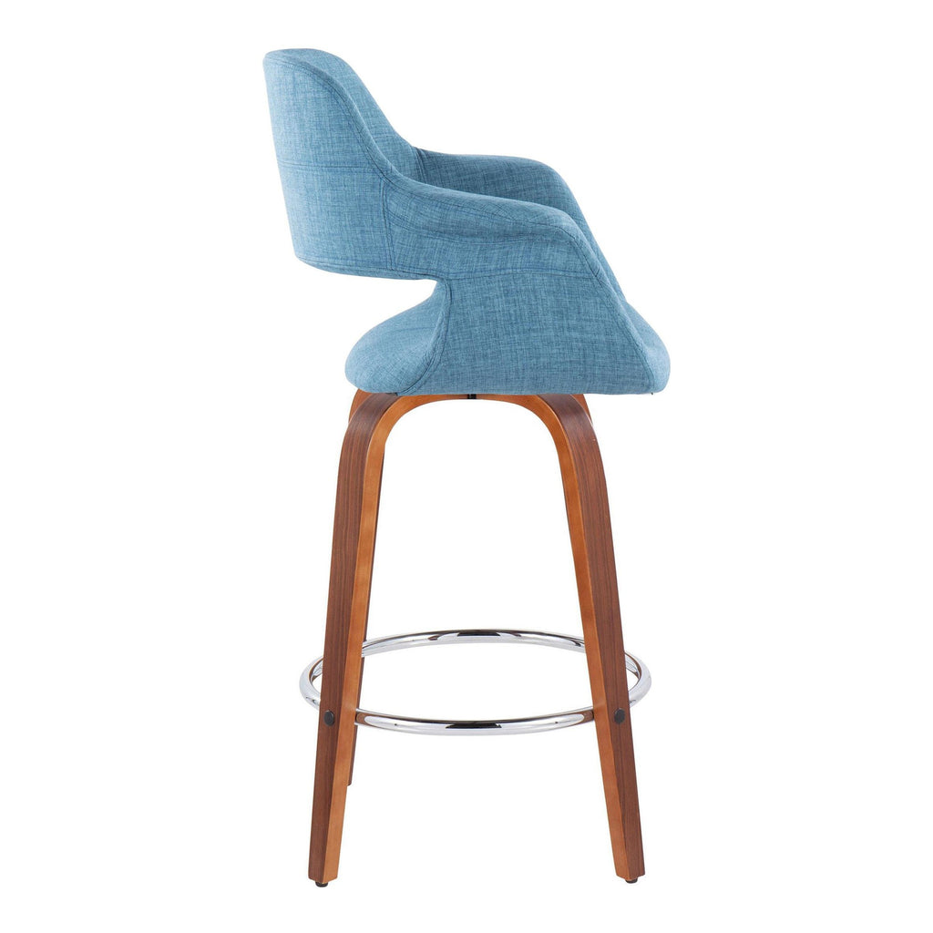 26" Mid-Century Modern Counter Stool with Swivel in Walnut Wood and Blue Fabric with Round Chrome Metal Footrest - Set of 2 C54022