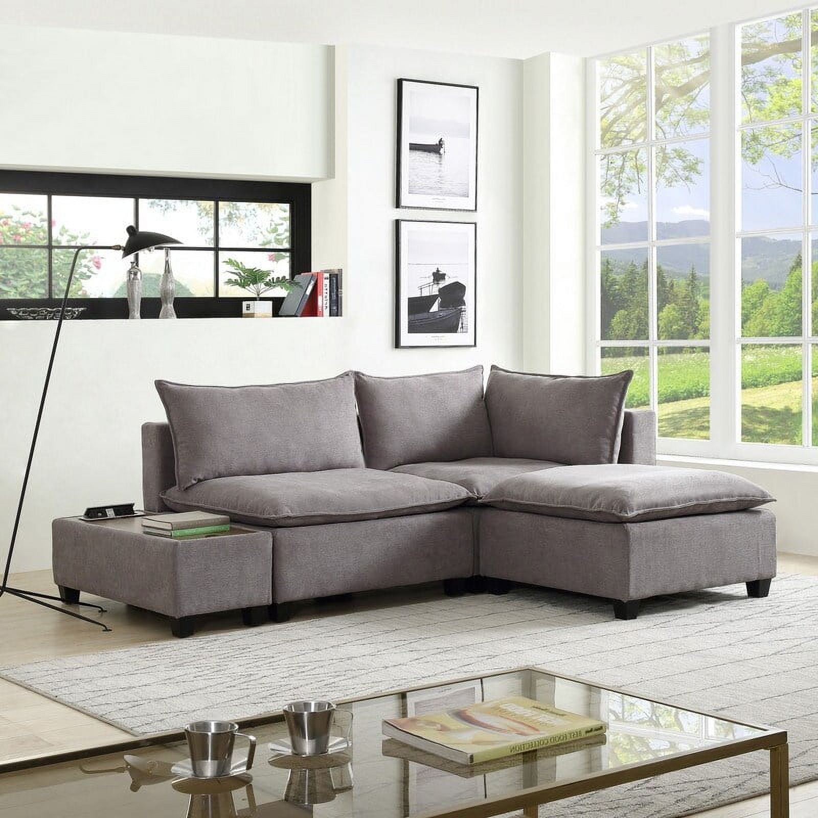 Light Gray Fabric Sectional Loveseat with Ottoman Z32436