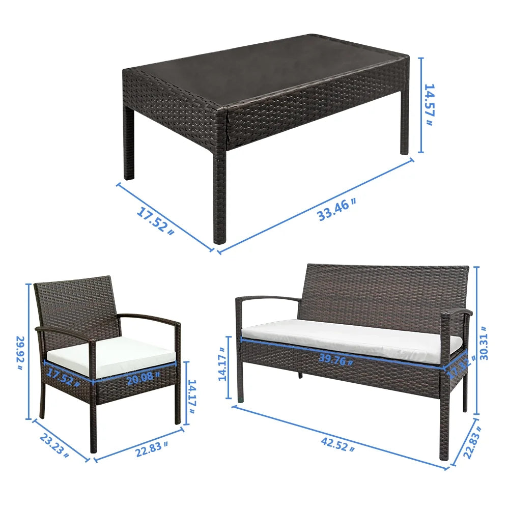 4-Piece Wicker Rattan Sectional Sofa Couch with Glass Coffee Table J567481
