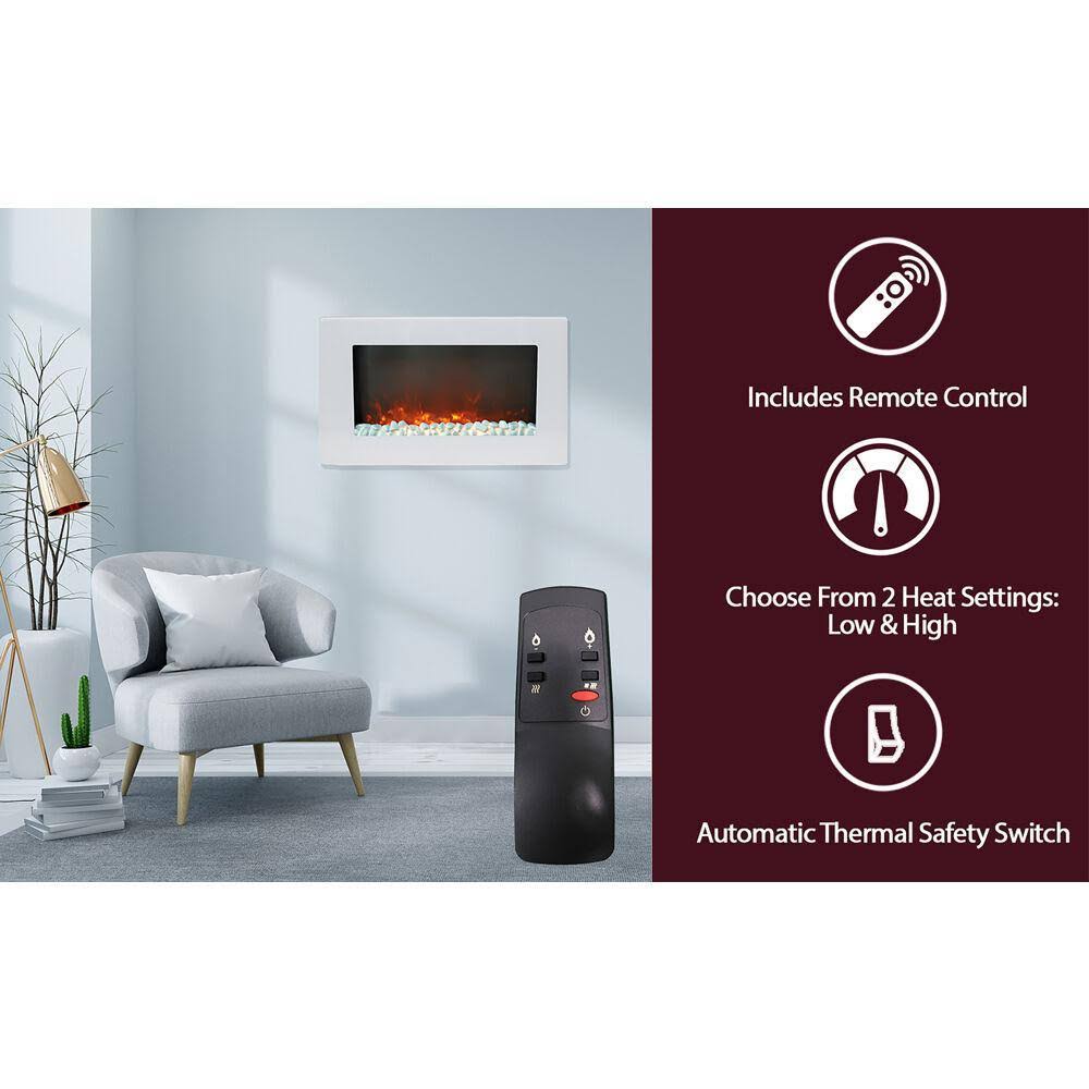 White Wall-Mount Electric Fireplace with Crystal Rock Display A3752