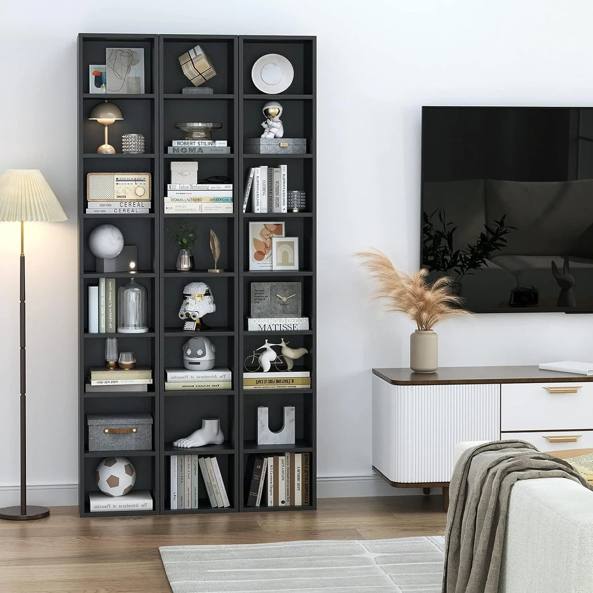 8-Tier Tall Narrow Media Storage Cabinet with Adjustable Shelves, Black O944