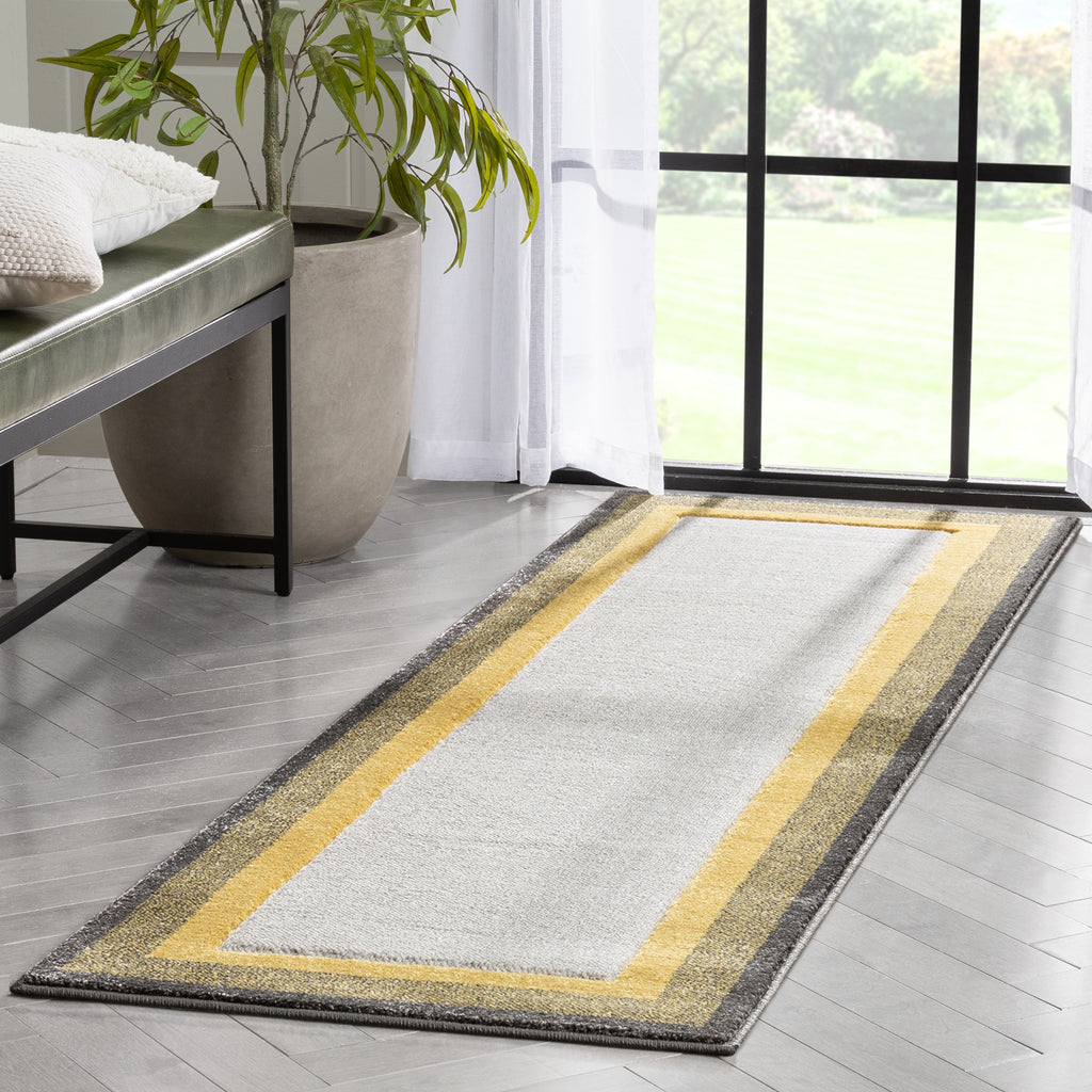 Yellow Solid Border Geometric Runner Rug 2x7 B45389