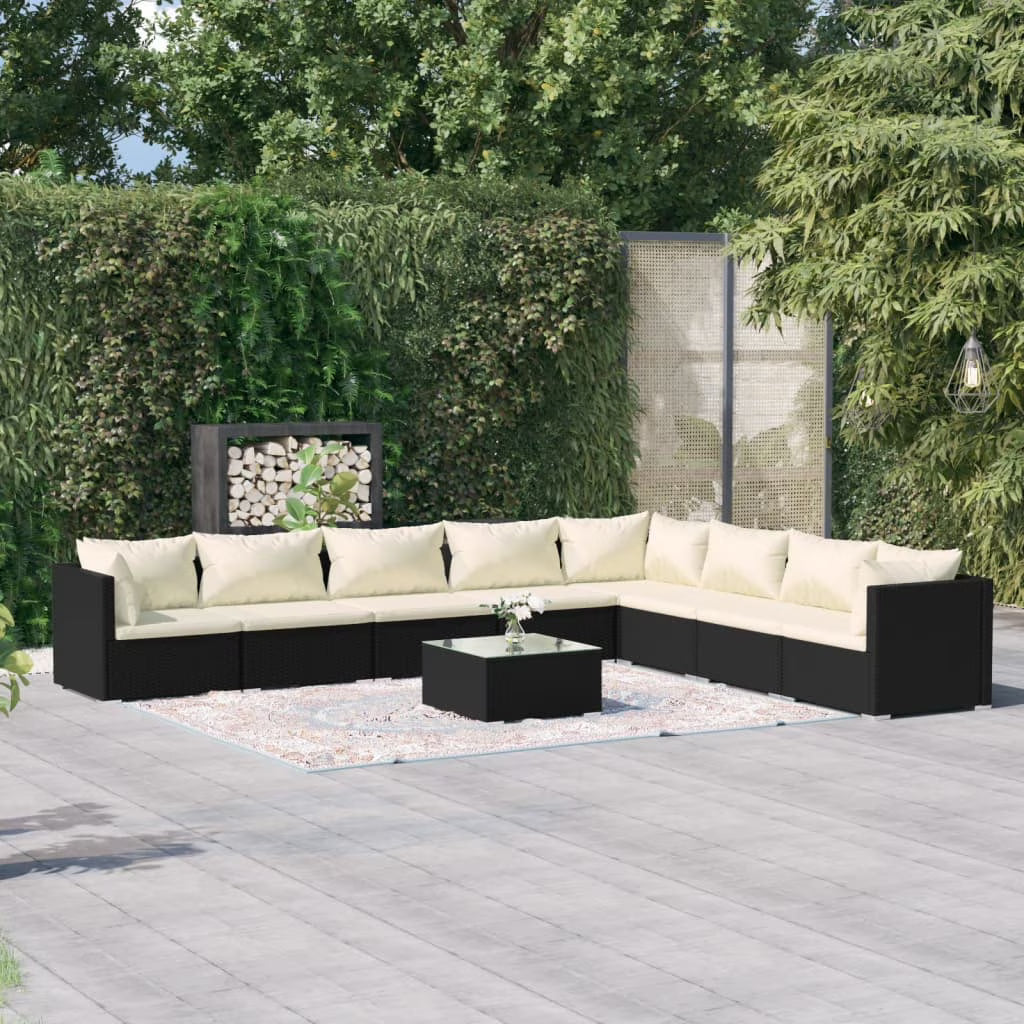 9 Piece Patio Set with Cushions Poly Rattan Black S488