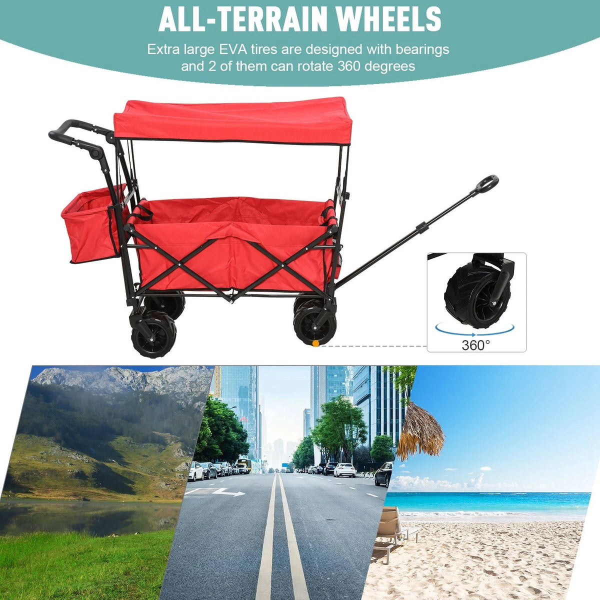 Red Collapsible Utility Beach Wagon Cart with Canopy J495